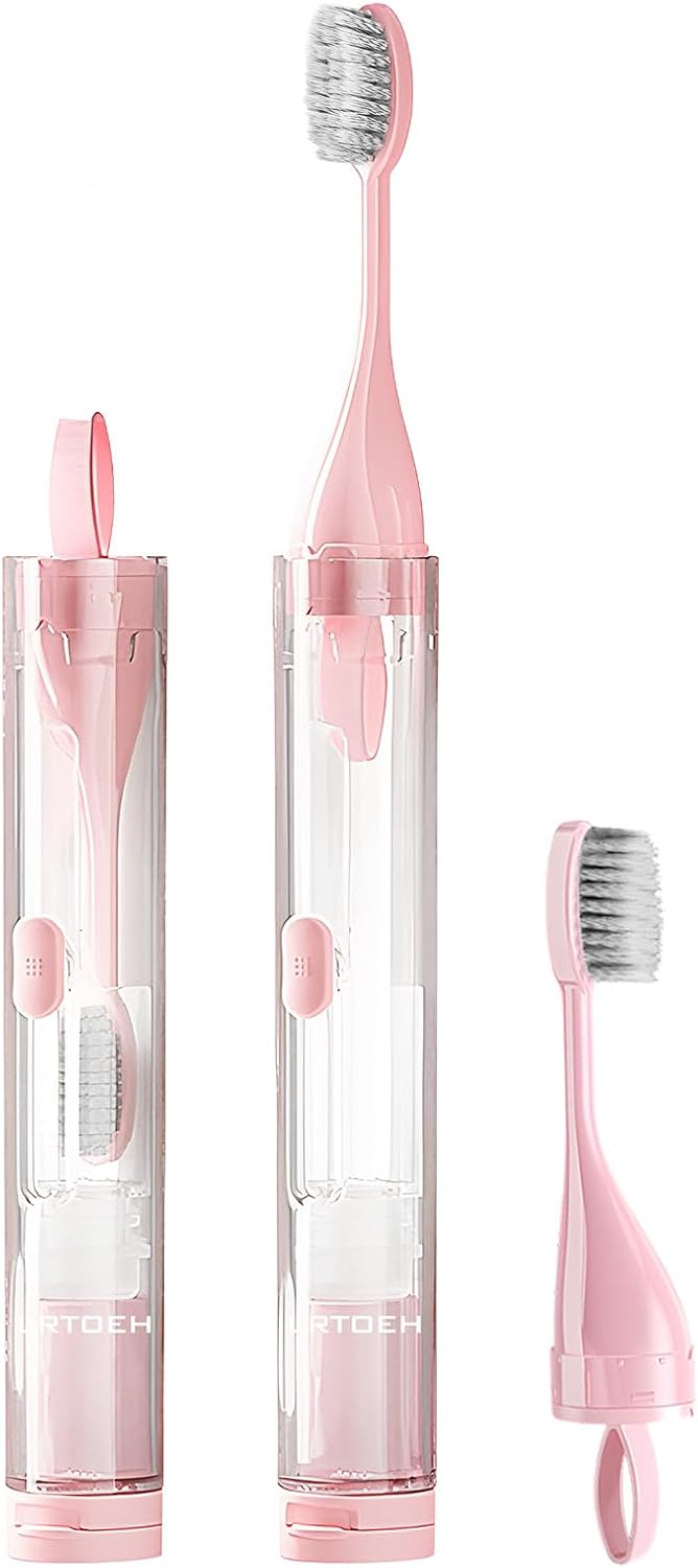 Travel Toothbrush with Built-in Toothpaste Container, Foldable Toothbrush with 2 Soft Brush Head, Portable Reusable Toothbrushes for Business Trips, Camping, Travel Size (Pink)