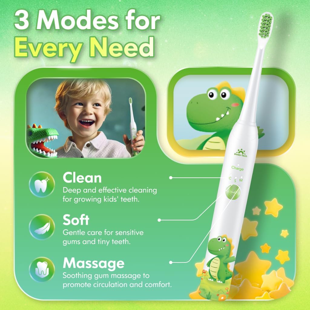 Kids Electric Toothbrush Rechargeable Age 3-5-6-12-18 Year Old, Dinosaur Toothbrush for Kids with Timer 3 Modes 4 Vibrating Heads Habit Stickers 31000VPM Boys Electric Toothbrush (Dinosaur White)