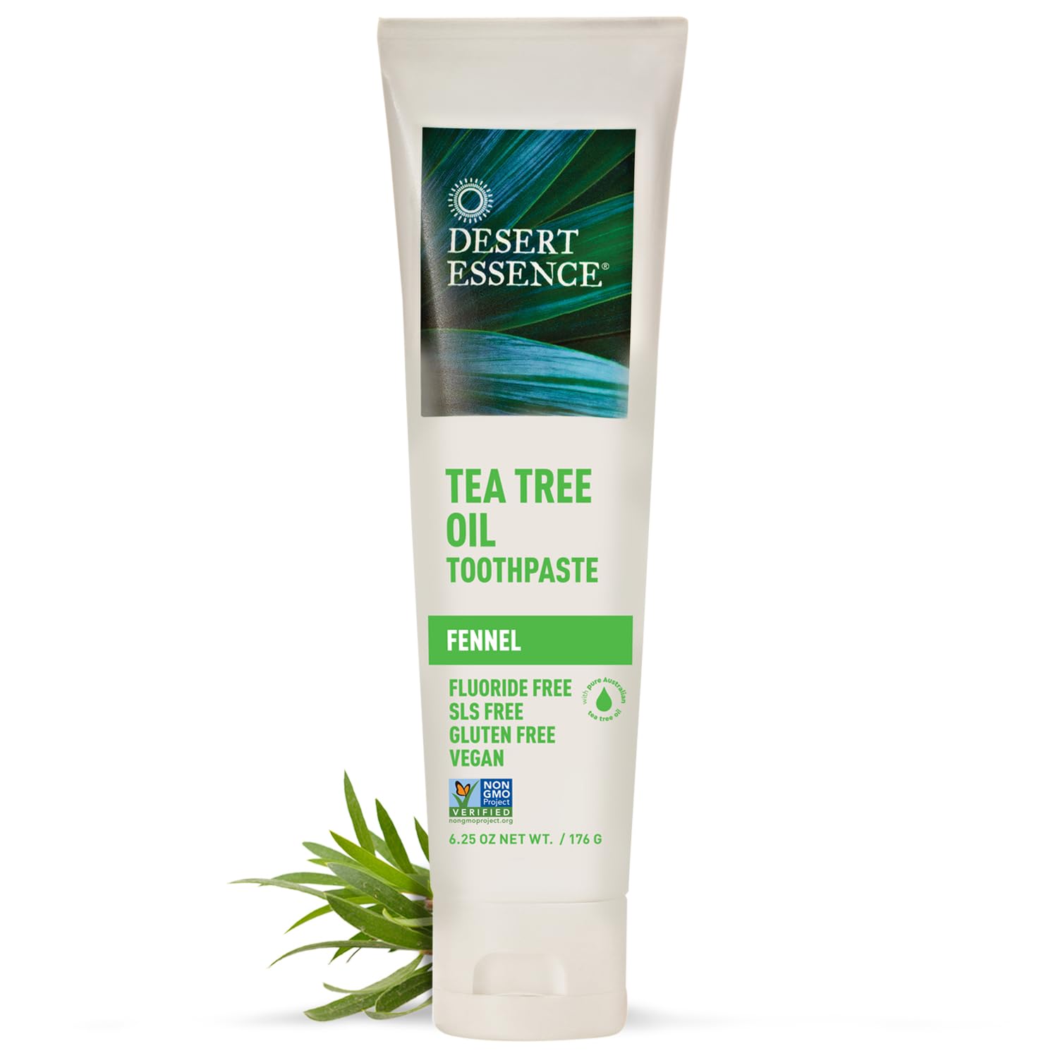 Desert Essence Tea Tree Oil & Fennel Toothpaste, 6.25 oz - Fluoride Free, Gluten Free, Vegan, Non-GMO - Oral Care with Baking Soda & Sea Salt for Healthy Teeth & Gums, Fresh Breath