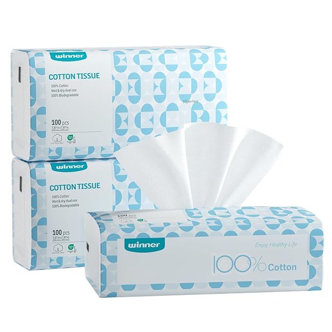 Winner Soft Face Towels, 100% USDA Biobased Facial Towels, Unscented for Sensitive Skin, OEKO-TEX Certified Face Towelettes Disposable, Makeup Remover Dry Wipes, 300 Ct, Pack of 3
