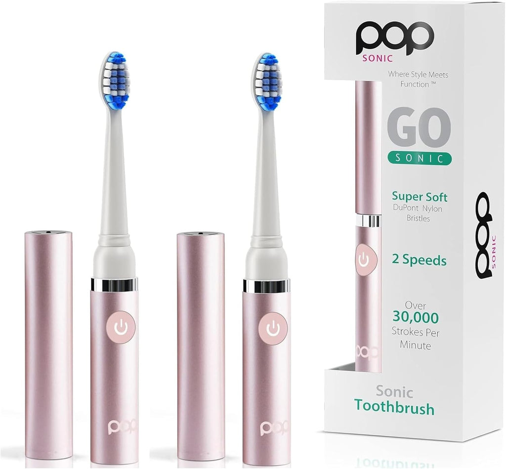 2-Pack Pop Sonic Electric Toothbrush (Metallic Rose) - Travel Toothbrushes w/AAA Battery | Kids Electric Toothbrushes with 2 Speed & 15,000-30,000 Strokes/Minute, Dupont Nylon Bristles