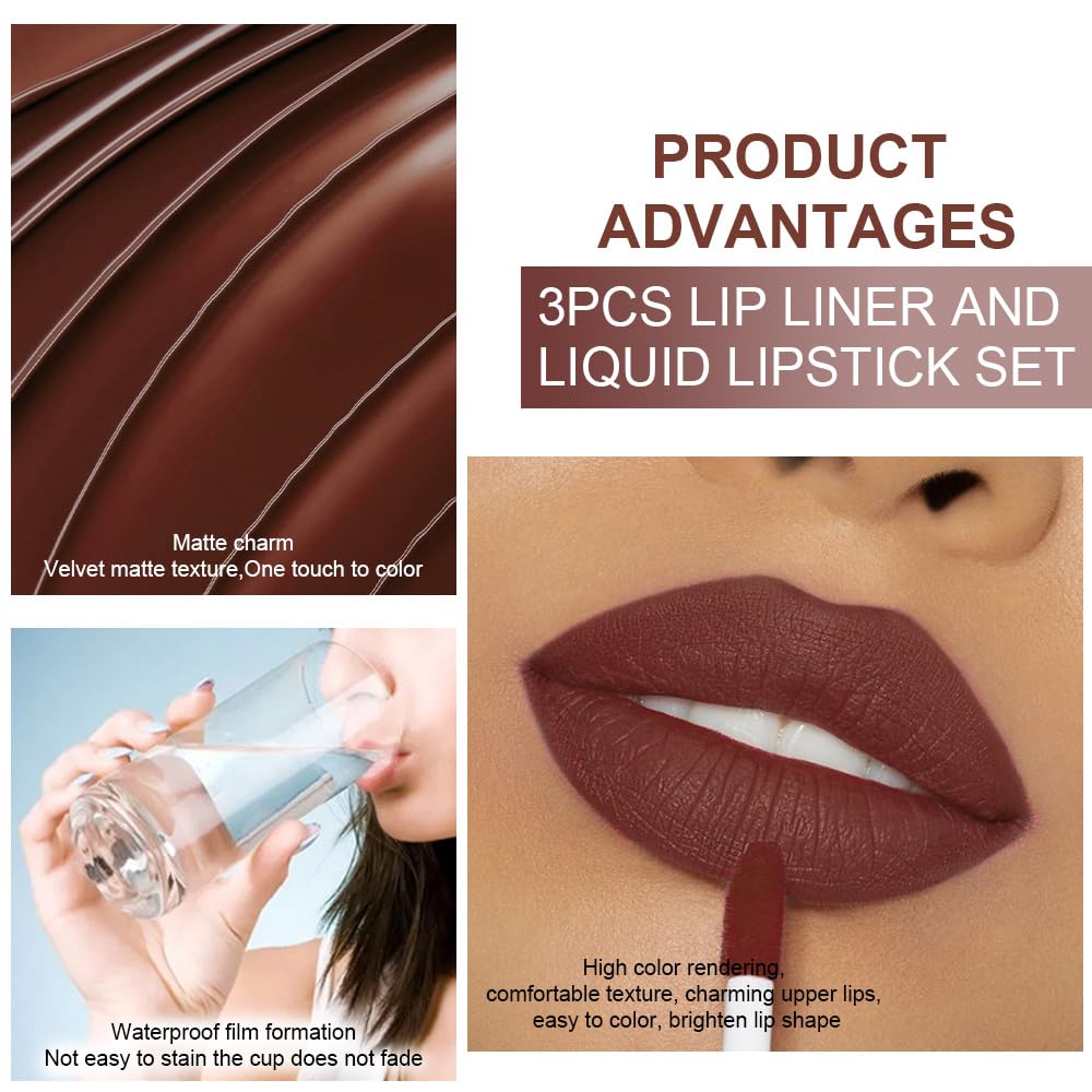 3Pcs 2 in 1 Chocolate Nude Brown True Nude Matte Lip Liner and Liquid Lipstick Stain Makeup Set for women, Long Lasting Smudge Proof Lip Tint Matte Finish Lip Gloss for All-Day Color Hold Set33