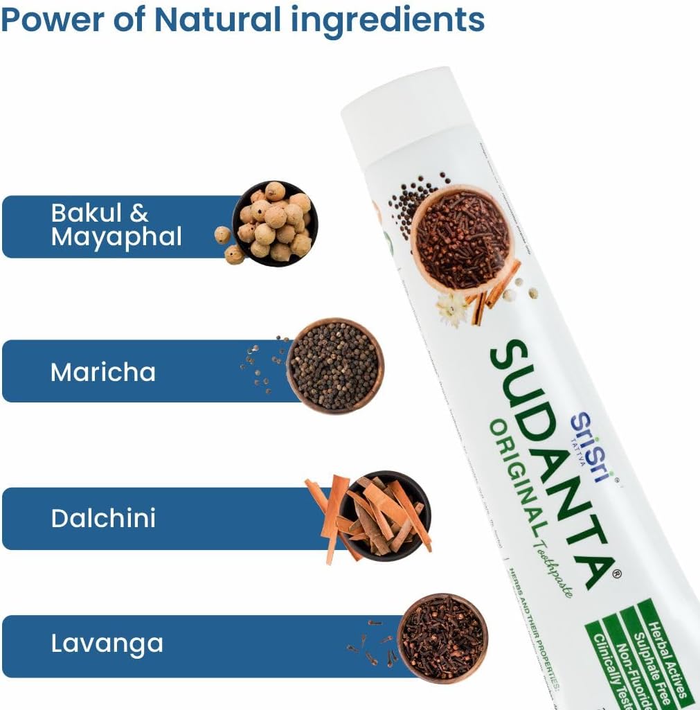 Sri Sri Tattva Sudanta Herbal Toothpaste for Oral Care Protection - Fluoride Free Ayurvedic Toothpaste to Strengthen Teeth and Gums Without Causing Sensitivity - All Natural (200g) Pack of 2