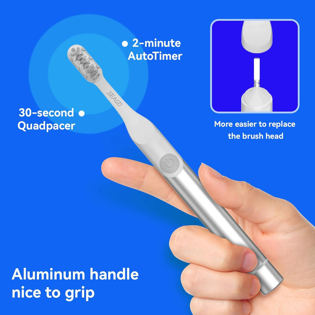 SEAGO Electric Toothbrush for Adults - 3 in 1 Holder with 8 pcs Replaceable Brush Battery Operated Travel Toothbrush kit Portable and 2 Minute Timer (Silver, Middle)