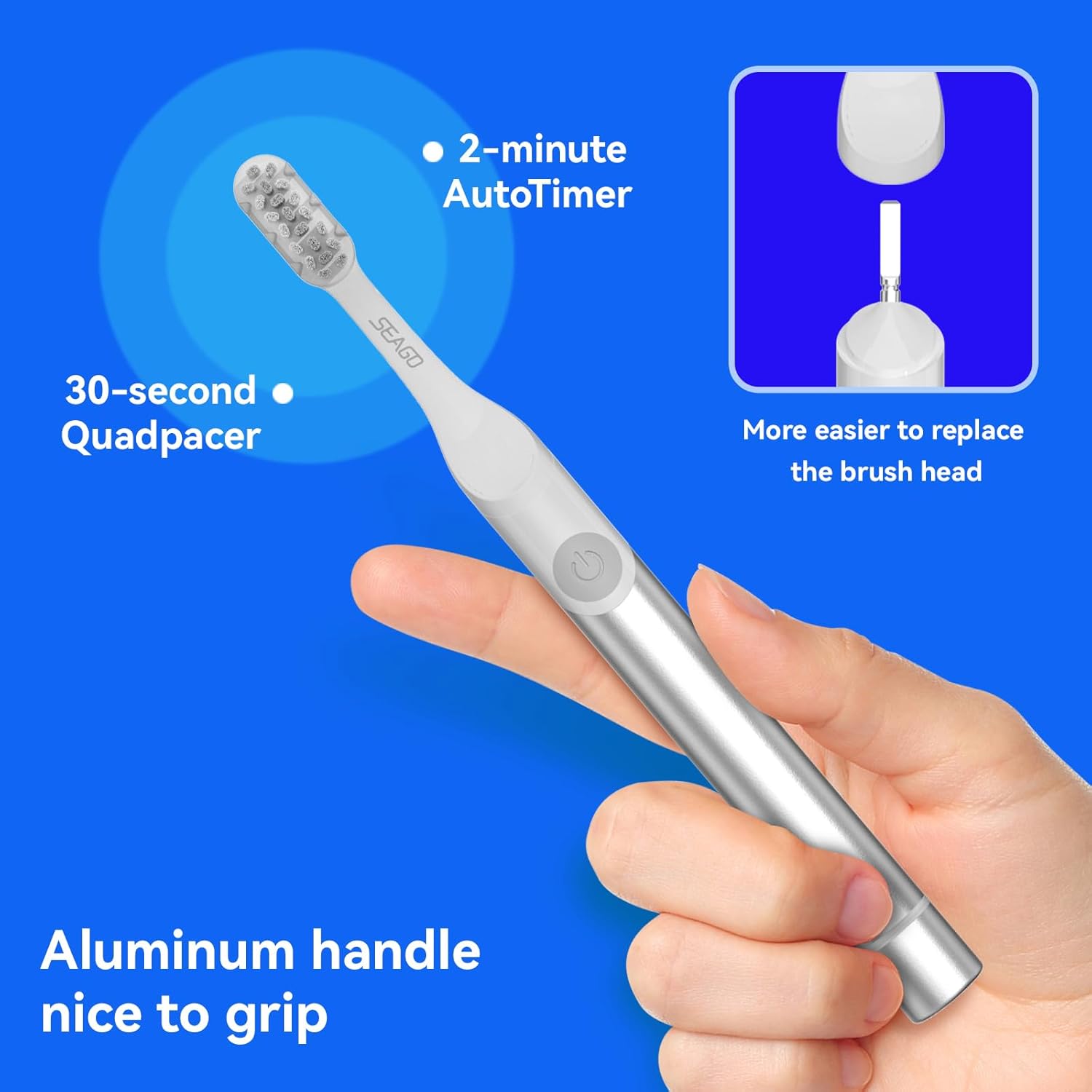 SEAGO Electric Toothbrush for Adults - 3 in 1 Holder with 8 pcs Replaceable Brush Battery Operated Travel Toothbrush kit Portable and 2 Minute Timer (Silver, Middle)