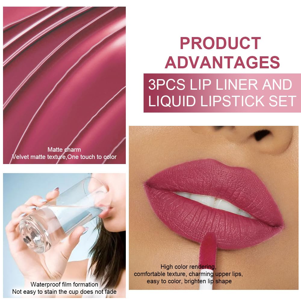 evpct 3Pcs Antique Rose Nuetral Hot Mauve Matte Lip Liner & Liquid Lipstick Stain Makeup Set for Women, Lip Liner Stain Long Lasting Waterproof Smudge Proof, Cruelty Free Lip Makeup 24 hours originale