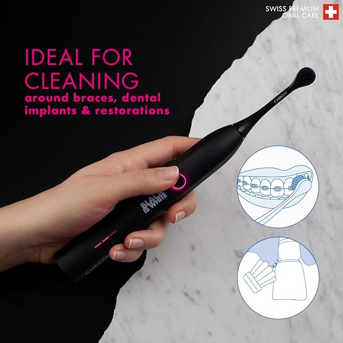 Curaprox Black is White Hydrosonic Toothbrush – Teeth Whitening and Gum Care | Ultra-Gentle Cleaning with Carbon Brush Heads | Set with Charger and Travel Case