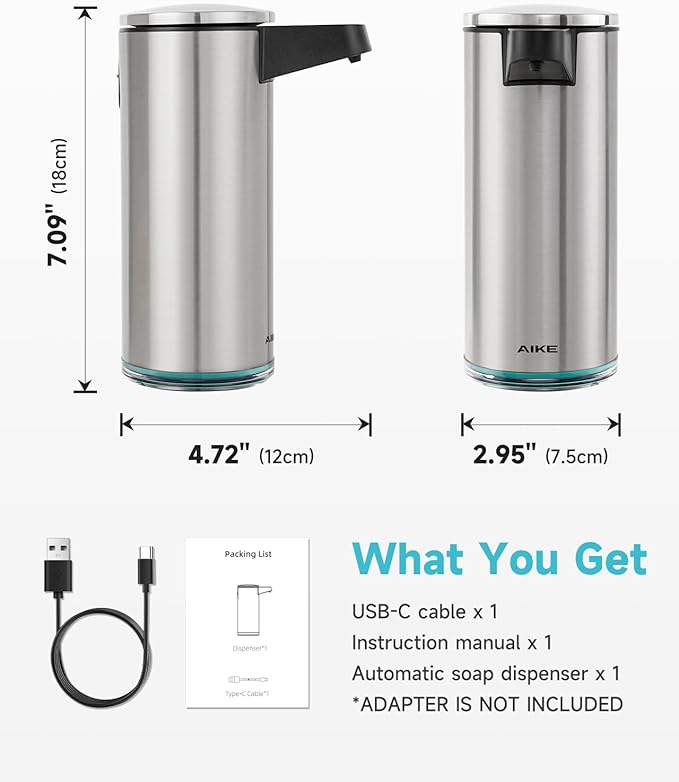 AIKE SensePro Automatic Soap Dispenser Type-C Rechargeable, Brushed Stainless Steel Finish 12.8 fl.oz. for Liquid Soap