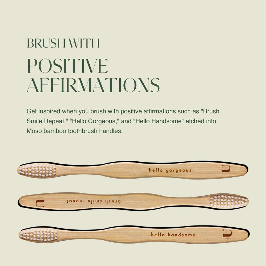 Biodegradable and Eco-Friendly Bamboo Toothbrush 4-Pack - BPA Free Soft Bristle - Dentist-Approved and All-Natural with Positive Affirmations Etched on Handles by Plus Ultra