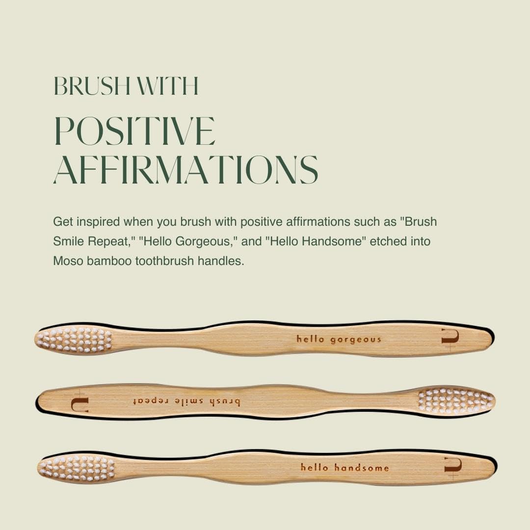 Biodegradable and Eco-Friendly Bamboo Toothbrush 4-Pack - BPA Free Soft Bristle - Dentist-Approved and All-Natural with Positive Affirmations Etched on Handles by Plus Ultra