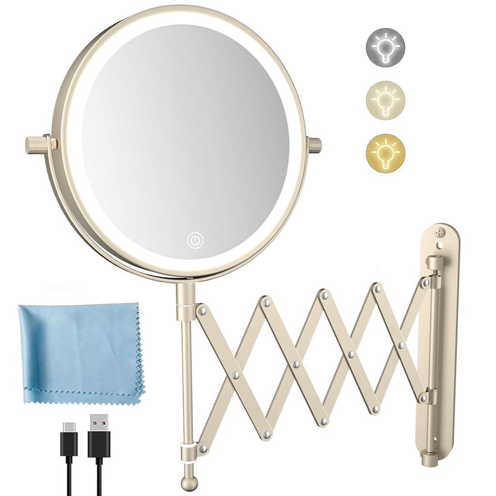 Rechargeable Wall Mounted Makeup Mirror - 8 Inch Double Sided 1X/10X Magnifying Mirror with 3 Color Lights Dimmable Touch Screen, 360°Swivel 19.6 Inch Extendable Accordion Bathroom Mirror - Nickel