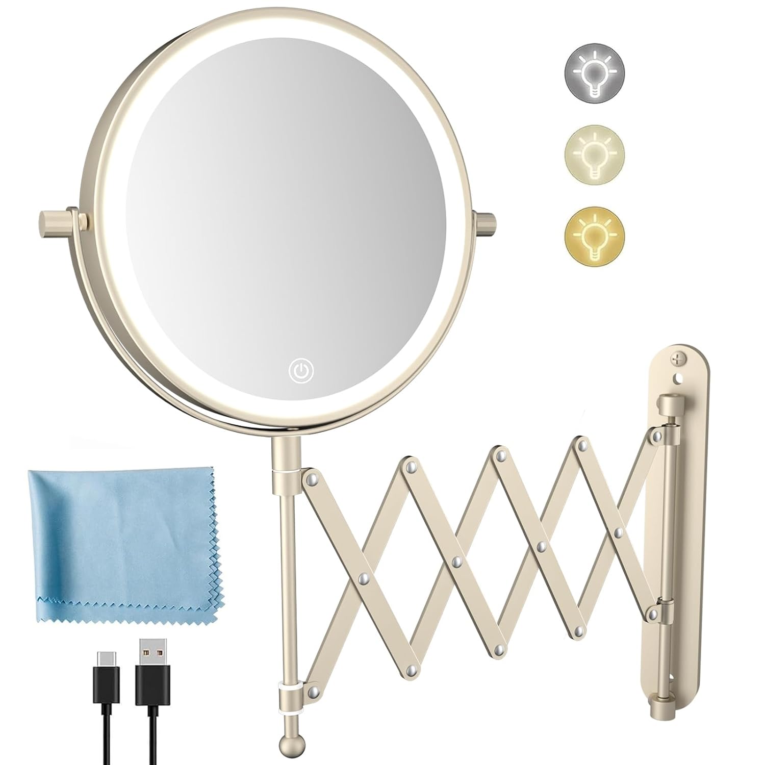 Rechargeable Wall Mounted Makeup Mirror - 8 Inch Double Sided 1X/10X Magnifying Mirror with 3 Color Lights Dimmable Touch Screen, 360°Swivel 19.6 Inch Extendable Accordion Bathroom Mirror - Nickel