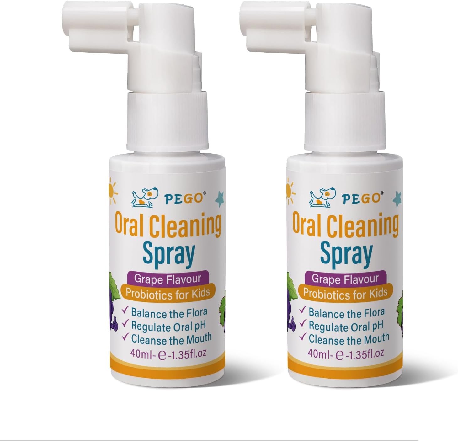 PEGO Kids Oral Spray, Toddler Toothpaste Helper for Fresh Breath，Kid's Mouth Spray with Fluoride Free for Newborn to 12 Years (2Pack, Grape)