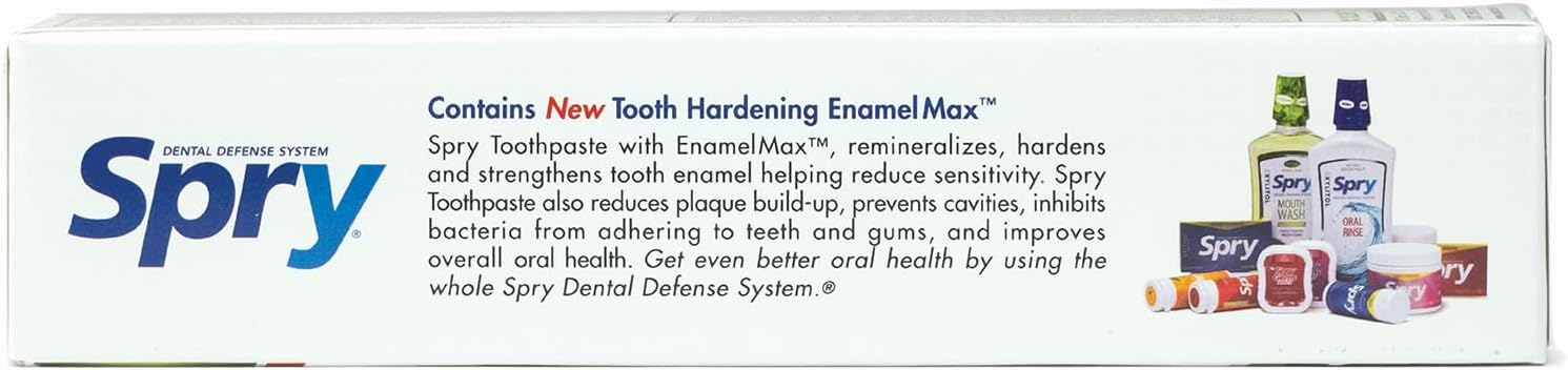 Spry Natural Xylitol Toothpaste 5oz for Adults and Kids with Fluoride, Gentle for Sensitive Teeth Whitening and Remineralizing, Breath Freshening, Mouth Moisturizing, Spearmint (Pack of 6)