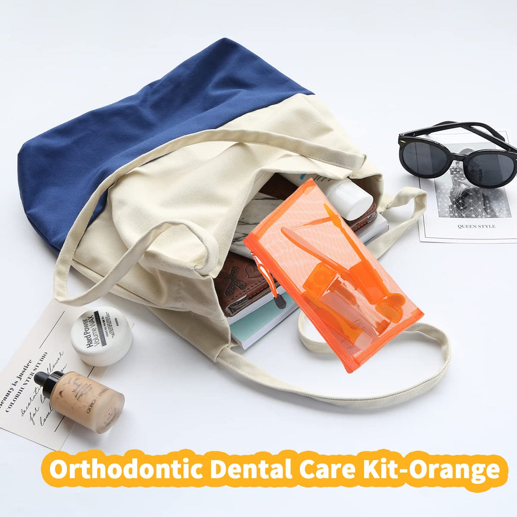 Braces Cleaning Kit for Teeth, Portable Orthodontic Toothbrush Kit Oral Care Dental Travel Kit - Interdental Brush Dental Wax Dental Floss Toothbrush Box (Orange)