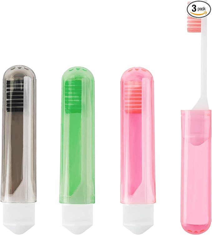 Travel Toothbrush 3Pcs Travel Toothbrush Set Mini Toothbrushes Soft Portable Toothbrushes Travels with Tooth Brush Cover Small Folding Toothbrush Individually Wrapped for Travels Home Black Green Pink