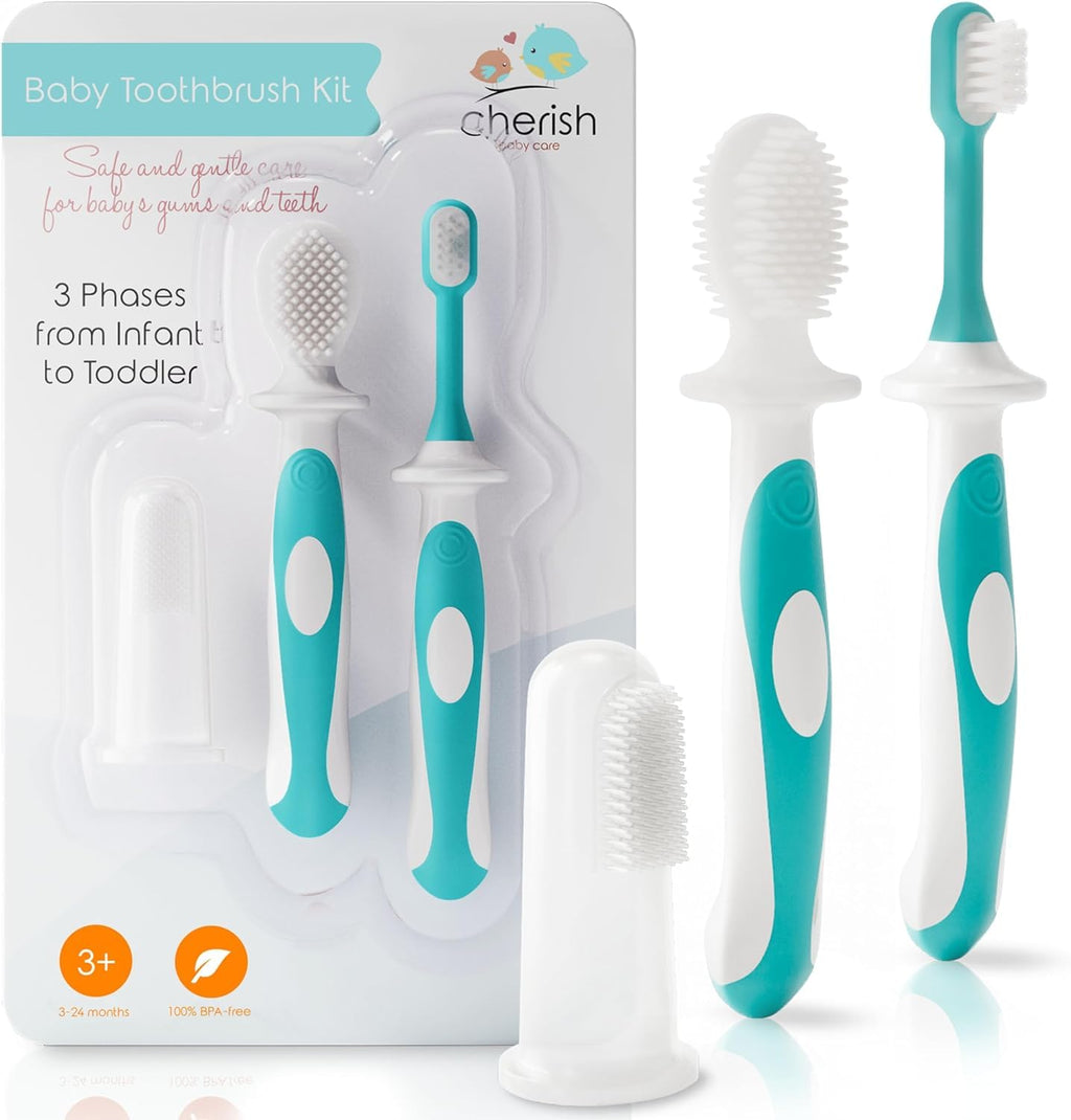 Cherish Baby Care Baby Toothbrush & Toddler Toothbrush Set (0-2 Years) - BPA-Free & Safety-Tested, 2023 Award Winner, Food-Grade Silicone (Teal)