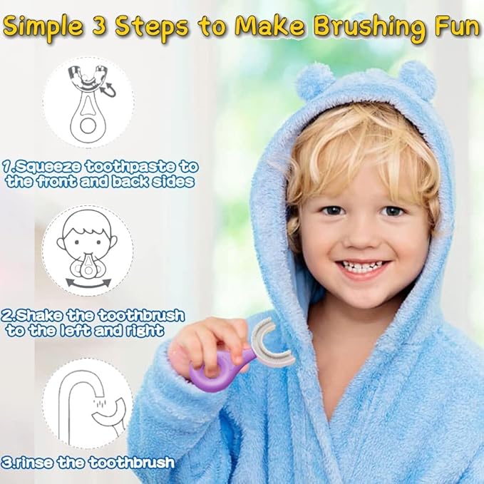 YOTEE U-Shaped Toothbrush Kids 2 PCS - Toddler Toothbrush with Food Grade Soft Silicone Brush Head, Manual Whole Mouth Tooth Brush for Kids Age 2-6(Purple+Yellow)