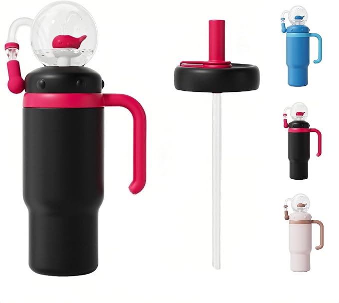 Drinking Cup With Whale Squirt, 24oz Whale Water Bottle with Handle, Insulated Stainless Steel Whale Water Cups With Two Silicone Soft Tip, Leak-Proof Whale Fountain Bottle for Kids Teens (ZBlack)