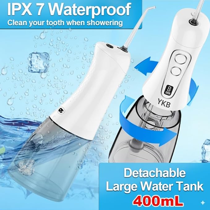 YKB Water Flosser for Teeth, 400ml 8 Modes Portable Water Flosser Cordless with Digital Display, Travel Water Oral Irrigator for Teeth Cleaning & Oral Care Rechargeable IPX7 Waterproof (White)