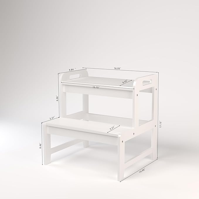 Step Stool for Kids Bamboo Toddler Two Steps Stool with Anti-Slip and Handles Stairs 300 lbs Capacity for Bathroom Kitchen Bedroom(White)