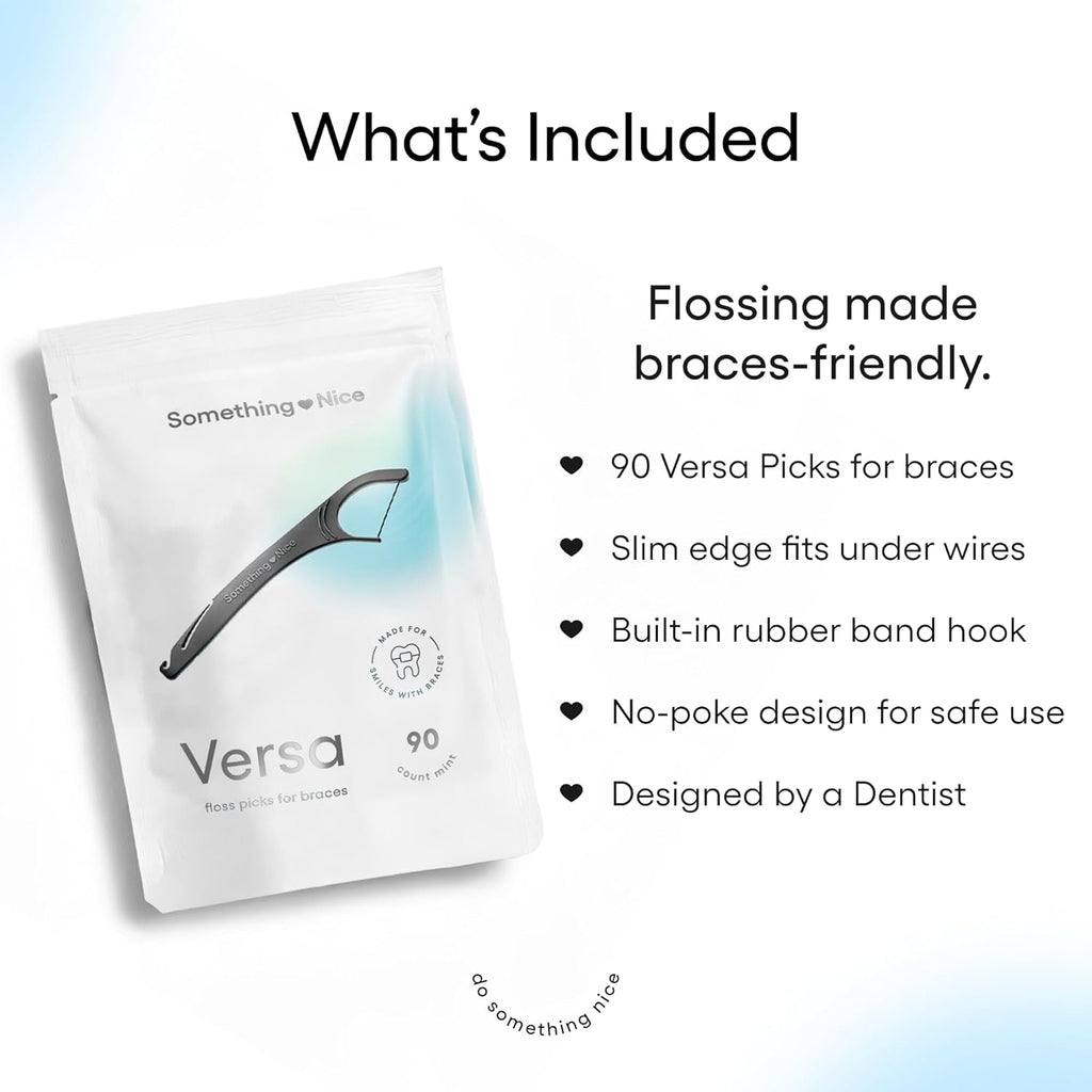 SOMETHING NICE Versa Floss Picks for Braces - Mint Flavored Flossers with Rubber Band Hook & Tongue Scraper, Braces Floss Picks with Xylitol for Protection 90-Pack