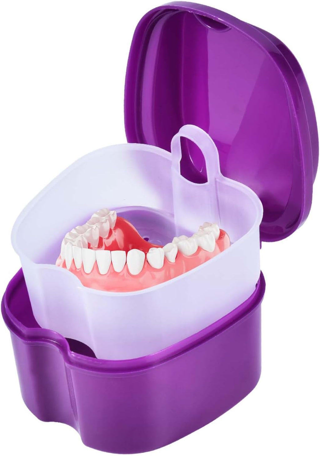 Purple Denture Bath Case Cup Box Holder Storage Soak Container with Strainer Basket for Travel Cleaning