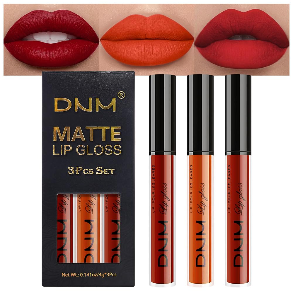 3Pcs Matte Liquid Lipstick Set, Long Lasting Waterproof Non-Transfer Lip Gloss, brick red Classic Red Lip Stain Kit for Women, Lip Stain Long Lasting 24 Waterproof Gift Makeup for Women Lippies