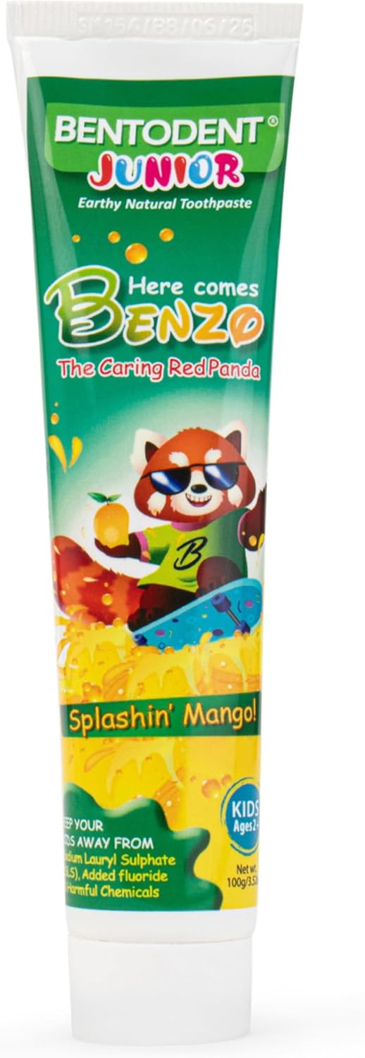 Bentodent Fluoride Free Kids Toothpaste - Natural Calcium Bentonite Clay Toothpaste - SLS Free, Fresh Breath, Plaque Removal by Brushing (Mango)
