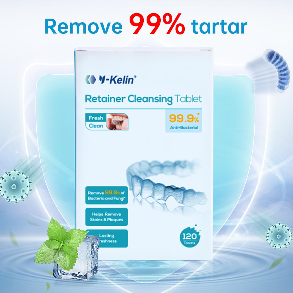 Y-Kelin Retainer and Denture Cleaner 120 Tablets for 4 Months Removes Stains Plaque Odors for Dentures Retainers Mouth Guard and Removable Dental Appliances (120 PCS, Mint)