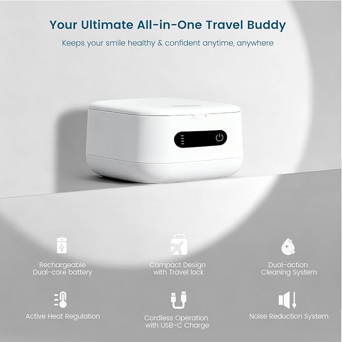 Viora Rechargeable 52kHz Ultrasonic Retainer Cleaner: Cordless Portable UV Dental Cleaning Pod for Invisalign, Denture, Mouthguard, Nightguard, Jewelry, with Mirror, USB-C Travel Cleaning Kit&Tablets