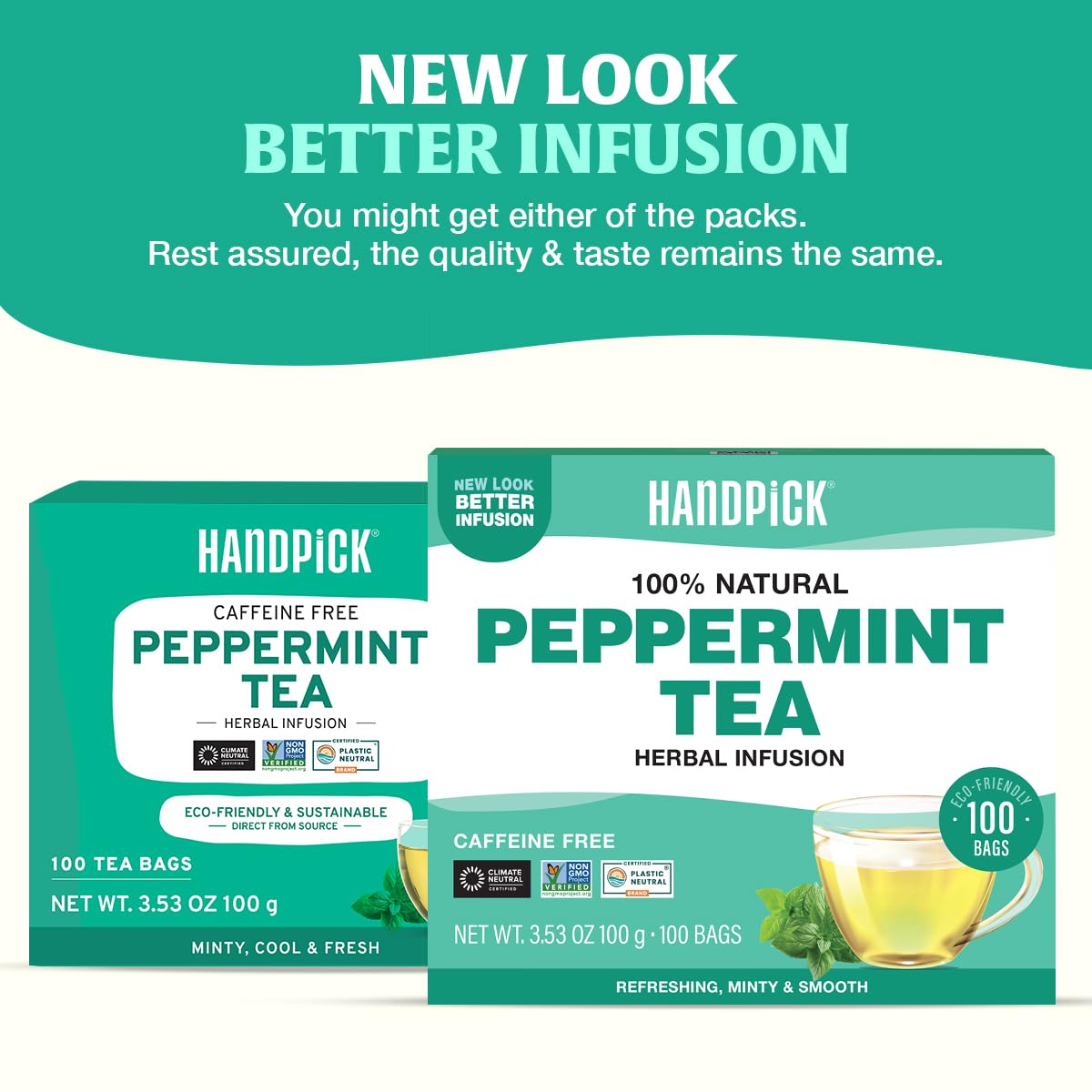 HANDPICK, Peppermint Tea, Eco-Conscious Tea Bags - 100 Count | Caffeine Free, Non-GMO | Minty, Fresh & Cool flavor | Direct From Source