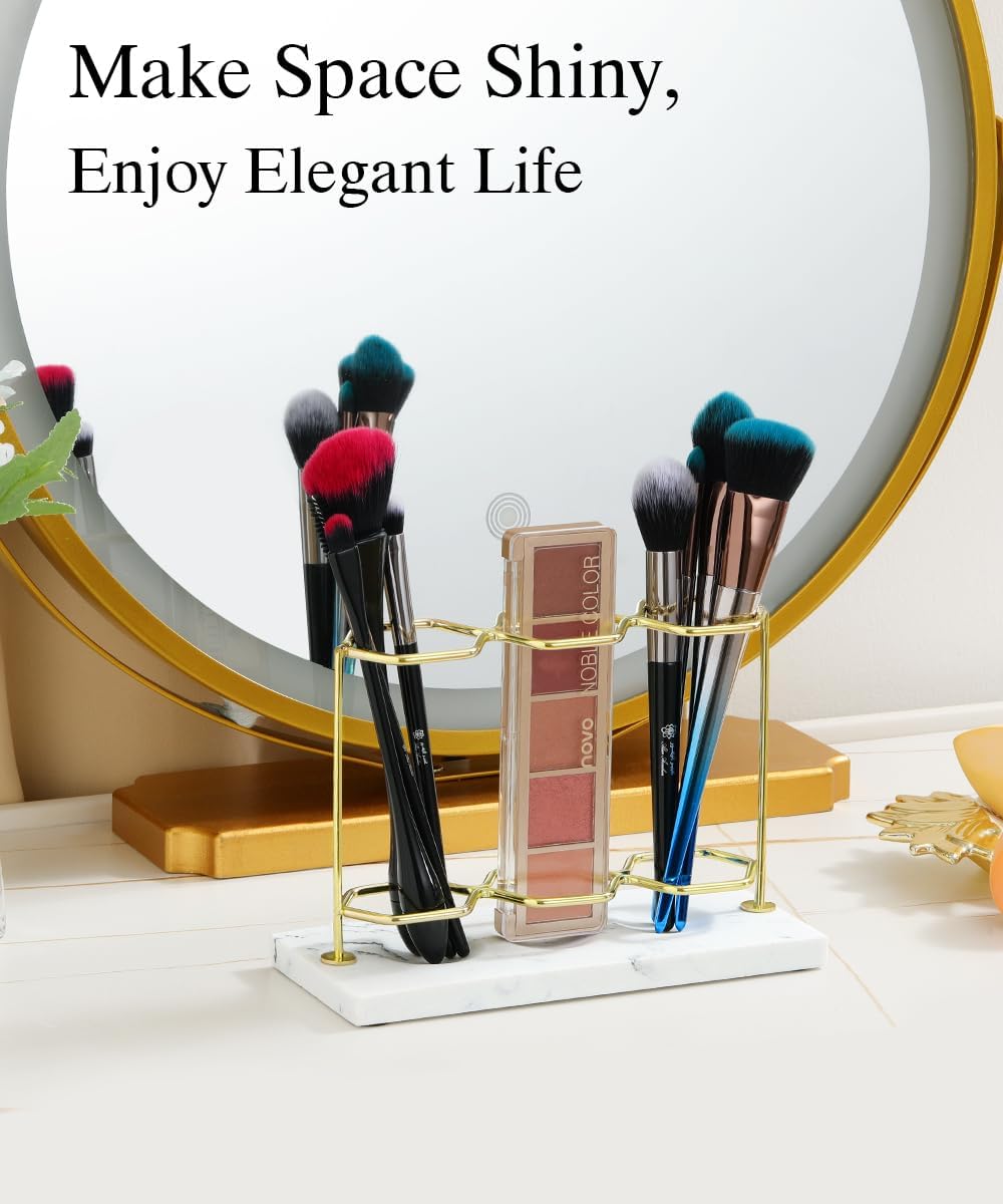 Emibele Toothbrush Holder, Resin Electric Toothbrush Holder with 3 Slots 2 Layers, Non-Slip Bathroom Accessories Organizer Toothbrush Toothpaste Razor Cleanser, Gold Marble White