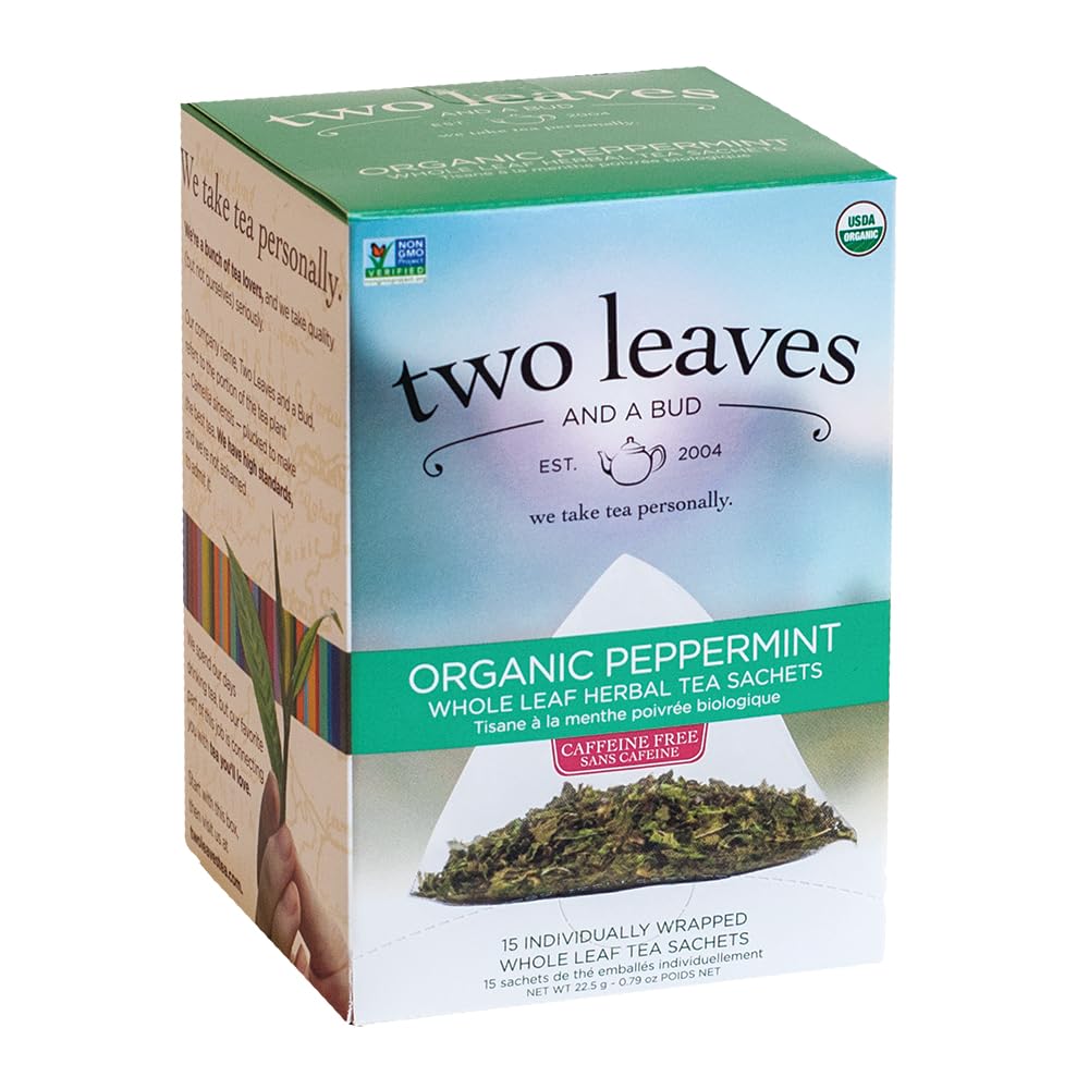 Two Leaves and a Bud Organic Peppermint Tea Bags, Naturally Caffeine Free, Herbal Whole Leaf Peppermint Tea in Compostable Sachets, 15 Count (Pack of 1)