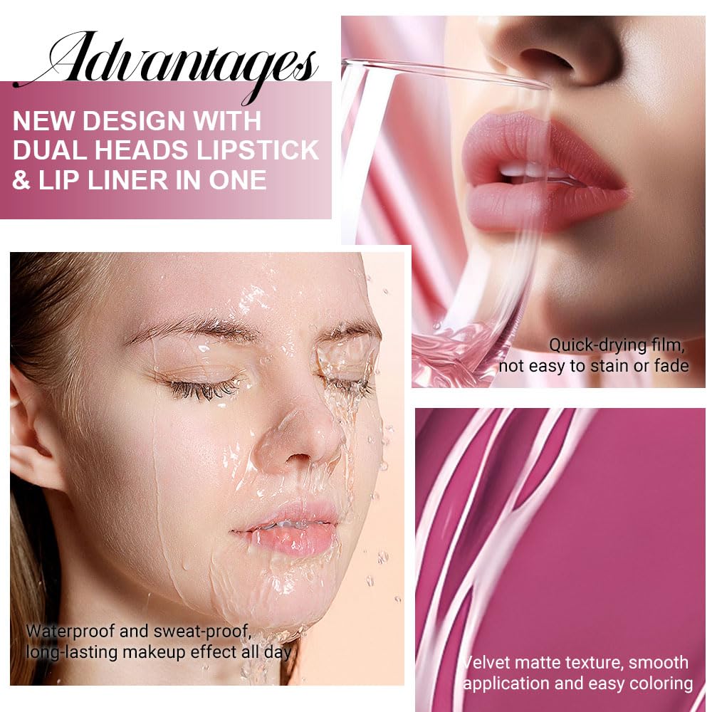 evpct 1Pcs Rose Matte Lip Liner and Liquid Lipstick Stain Makeup Set for Women, Rose Red Plum Long Lasting Smudge Proof Lipstick, 37#