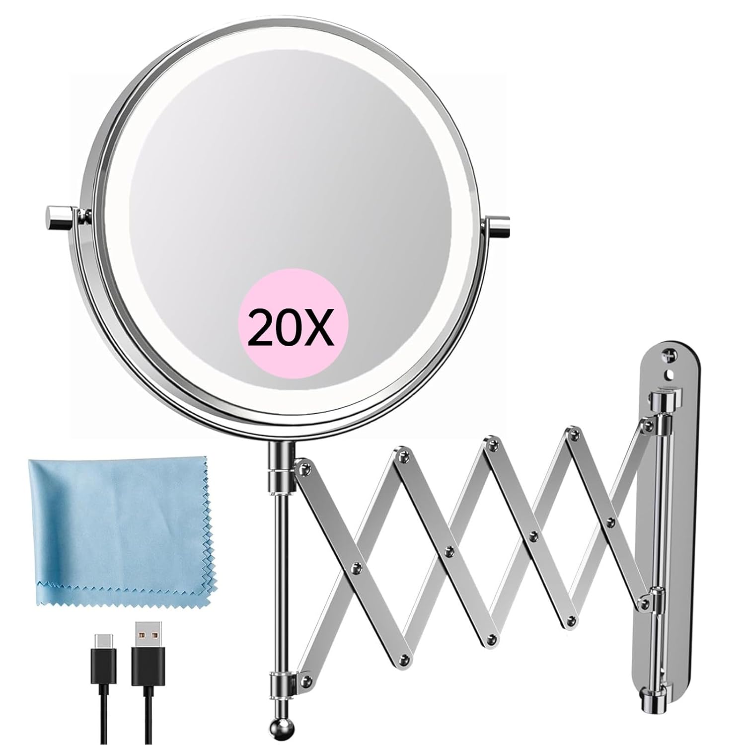 Rechargeable Wall Mounted Makeup Mirror - 8 Inch Double Sided 1X/20X Magnifying Mirror with 3 Color Lights Dimmable Touch Screen, 360°Swivel 19.6 Inch Extendable Accordion Bathroom Mirror
