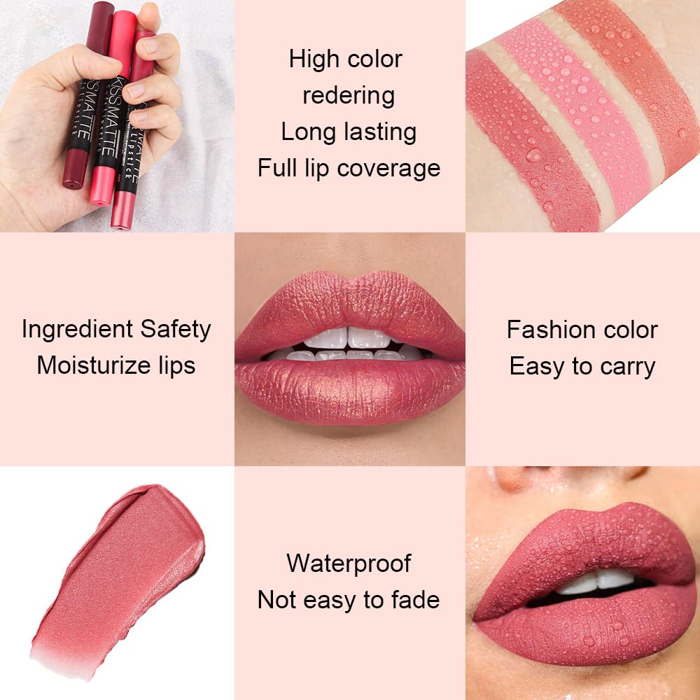 evpct 1Pcs Light Pink Metallic Lipstick and Lip Crayon Liner Pencil Pen Set for Women Lip Stain Long Lasting Waterproof labiales mate magicos 24 horas originales pintalabios permanente 24 horas 01