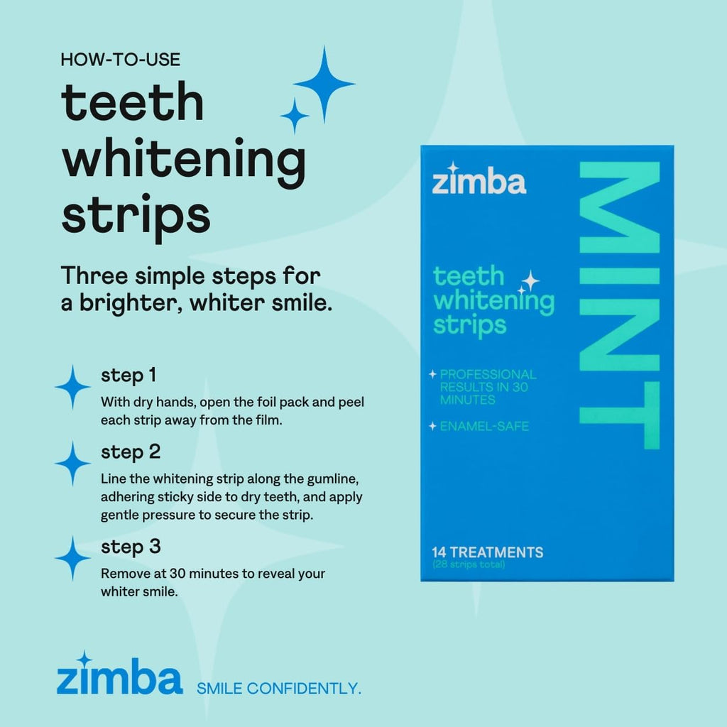 Zimba Mint & Peppermint Teeth Whitening Strips for Teeth Sensitive, White Strips for Teeth Whitening, Teeth Whitener Stain Remover 28 White Strips Included Per Pack, 2 Pack (14 Day Treatment)