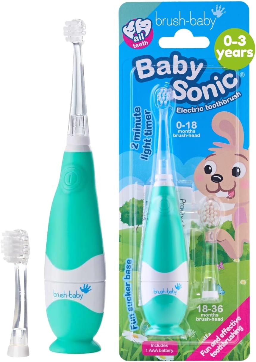 brush-baby BabySonic Infant and Toddler Electric Toothbrush for Ages 0-3 Years - Smart LED Timer and Gentle Vibration Provide a Fun Brushing Experience - Includes 2 Sensitive Brush Heads (Teal)
