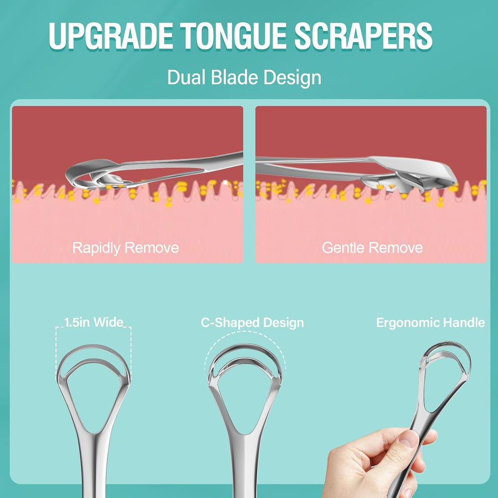 RONAVO Tongue Scraper for Adult with Thick Tongue Coating, Dual Scraping Head Design for Deep Clean, Stainless Steel Tongue Cleaner, Bad Breath Gone, Help Improve Oral Hygiene