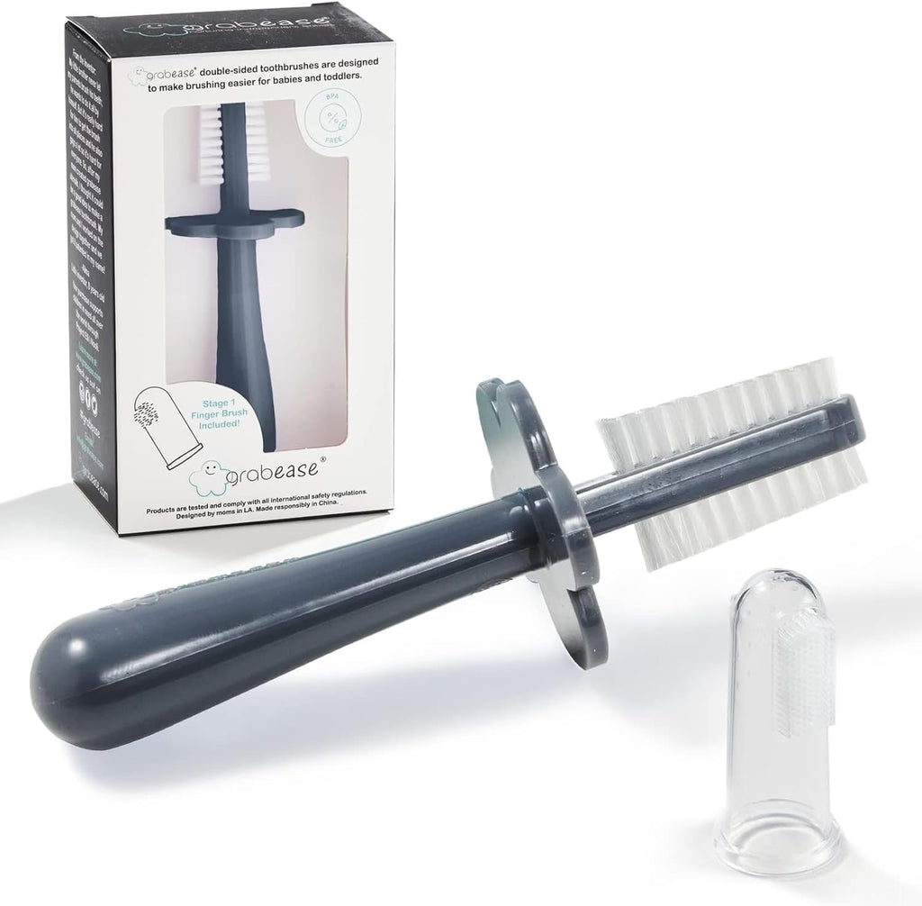 grabease Toddler Toothbrush Double Sided - Baby Training Toothbrush Set with Safety Guard & Finger Brush - Soft Silicone Bristles for Teething Relief - 1 Count, Gray