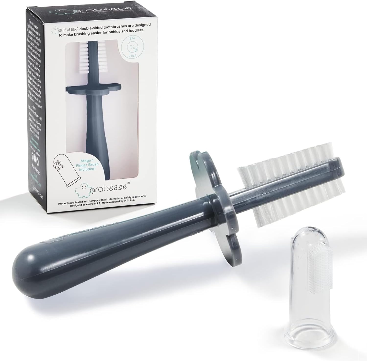 grabease Toddler Toothbrush Double Sided - Baby Training Toothbrush Set with Safety Guard & Finger Brush - Soft Silicone Bristles for Teething Relief - 1 Count, Gray