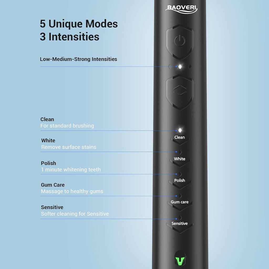 BAOVERI Sonic Electric Toothbrush for Adults - Wireless Rechargeable Toothbrush, 6 Brush Heads - 5 Brushing Modes with 3 Intensities - 42000 VPM Motor - Charge Lasts Up to 60 Days (Midnight Black)