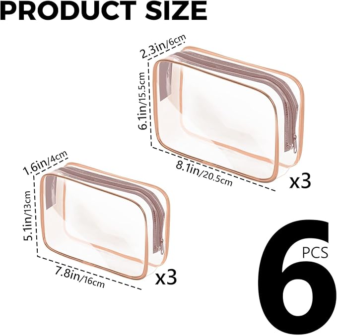 AURUZA 6 Pack Travel Toiletry Bag, Clear Makeup Bag, TSA Approved Cosmetic Bag with Zipper, Clear Organizer Carry on Bag for Women, PVC Cosmetic Pouch (Rose Pink, 6 Packs)