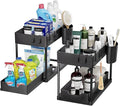 2-Tier Under Sink Organizer – Sliding Storage Rack with 4 Hooks & 1 Cup | Multi-Purpose Space Saving Shelf for Kitchen Cabinet, Countertop, Bathroom, Pantry & Office Organization, Black