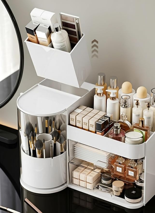 Makeup Organizer with Rotating Brush Holder Cosmetic Organizer with Drawers Countertop Skincare Organizer for Vanity,Cosmetic Display Case Storage (White, Large)