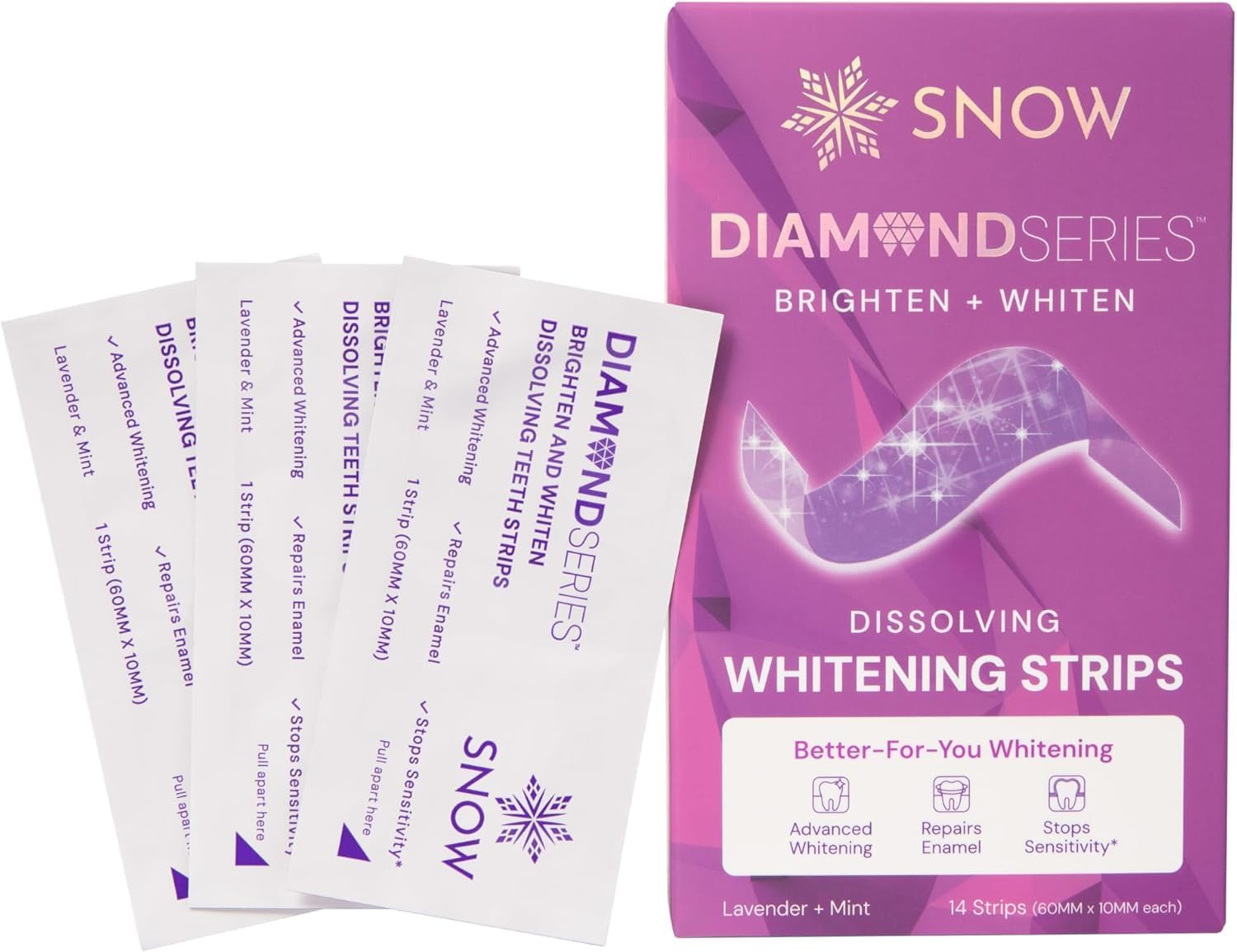 Snow Diamond Series Purple Whitening Strips - Dissolving Teeth Whitening Strips for Sensitive Teeth, Instant Brightening with Hydroxyapatite, Color-Correcting Purple Formula, 14 Count