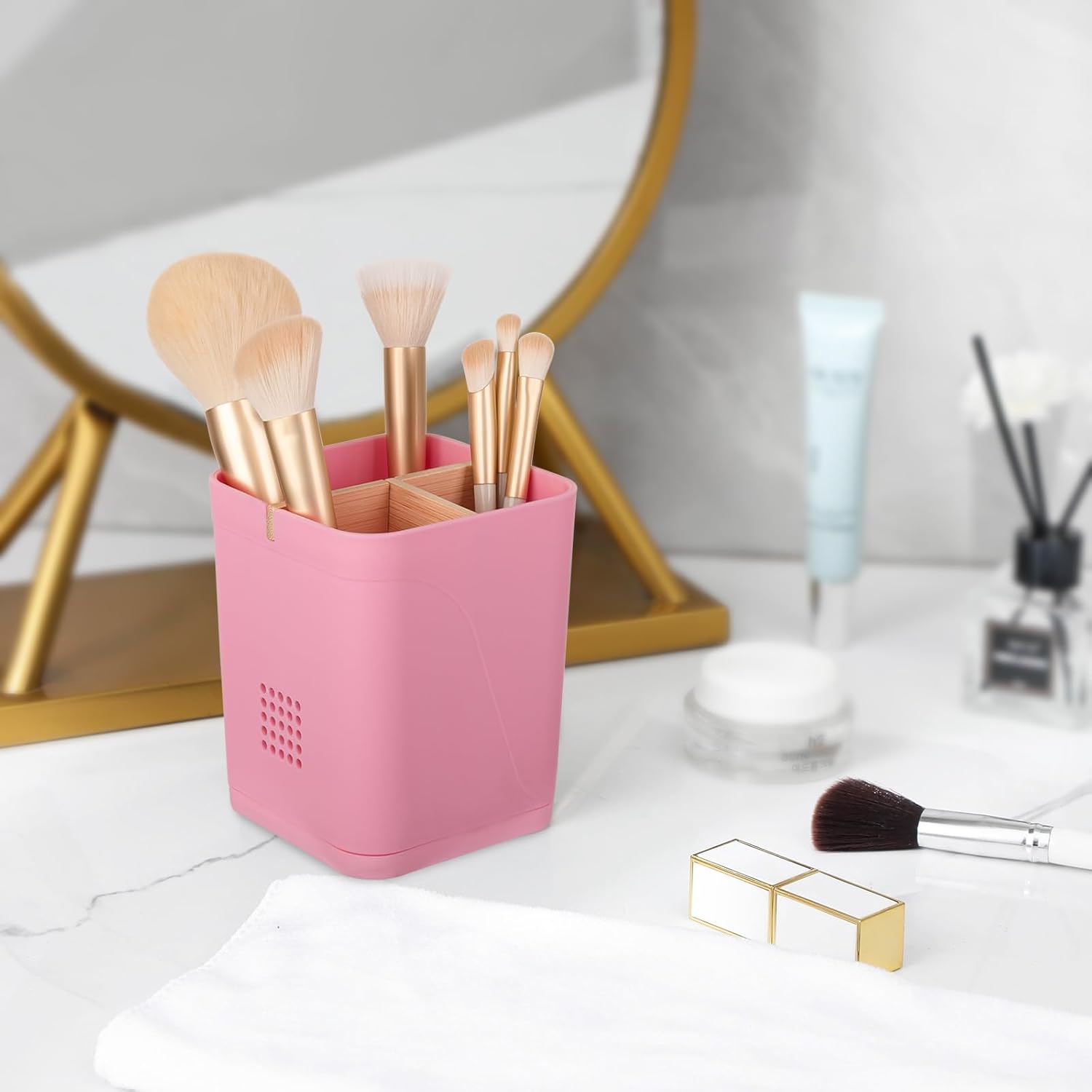 Electric Toothbrush Holder 3 Slots Tooth Brushing Holder with Bamboo Dividers for Bathrooms, Plastic Toothbrush and Toothpaste Organizer for Shower, Countertop, Vanity, Pink
