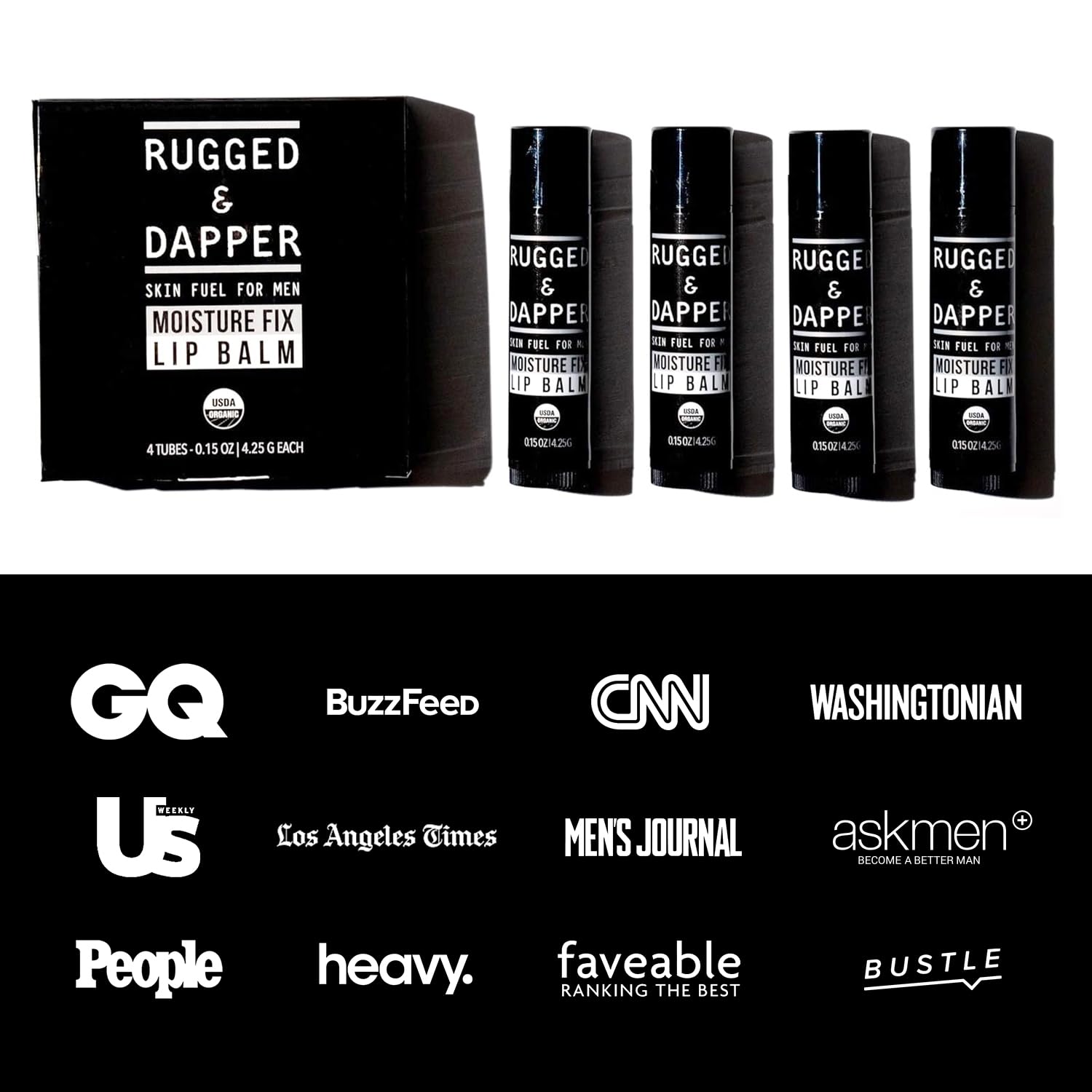 RUGGED & DAPPER Lip Balm for Men - Certified Organic + Natural Ingredients - 4 Pack - Hydrating Mens Chapstick - USA Made