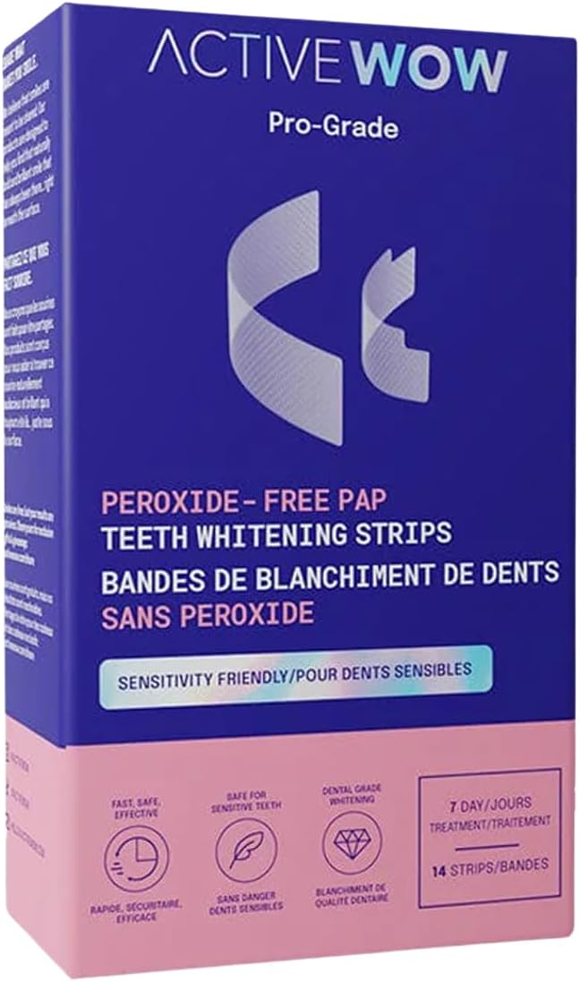 Active Wow 24k White Teeth Whitening Strips - Sensitive Teeth Whitening Strips, Peroxide Free Formula, Enamel Safe Teeth Whitening, Teeth Whitening Stain Remover - 7-Day Kit, 14 Whitener Strips